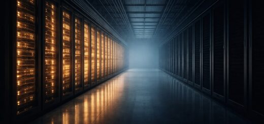 A data center aisle where one row of server racks is lit and running while the parallel row sits dark and idle