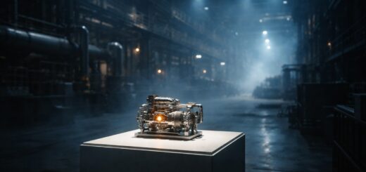 A small polished prototype on a lit pedestal in front of a vast dim industrial plant floor
