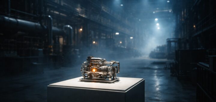A small polished prototype on a lit pedestal in front of a vast dim industrial plant floor