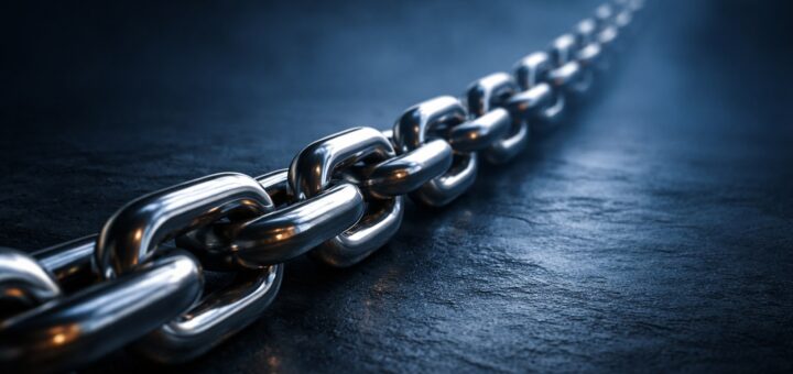 A chain of steel links, sharp in the foreground, dissolving into fog further along its length