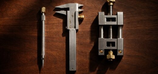 Three different precision hand tools laid out in a row on a dark workbench