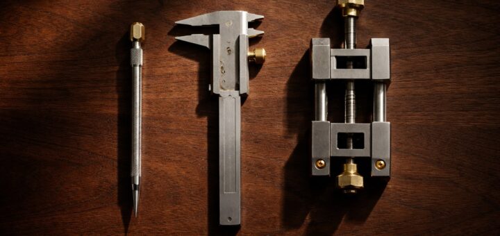 Three different precision hand tools laid out in a row on a dark workbench
