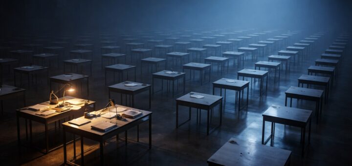 A grid of empty desks in a dim room with one small cluster lit warmly and occupied by work materials