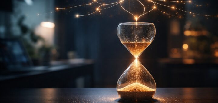 A glowing hourglass with branching light trails, symbolizing AI reasoning models spending extra time deliberating before answering