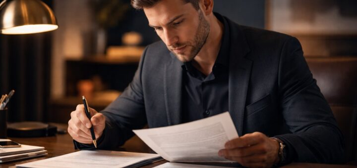 A professional closely reading and cross-referencing a document against a source
