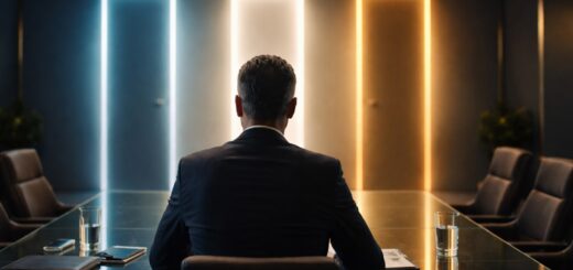 An executive facing three doorways representing build, buy, and wait AI strategy options