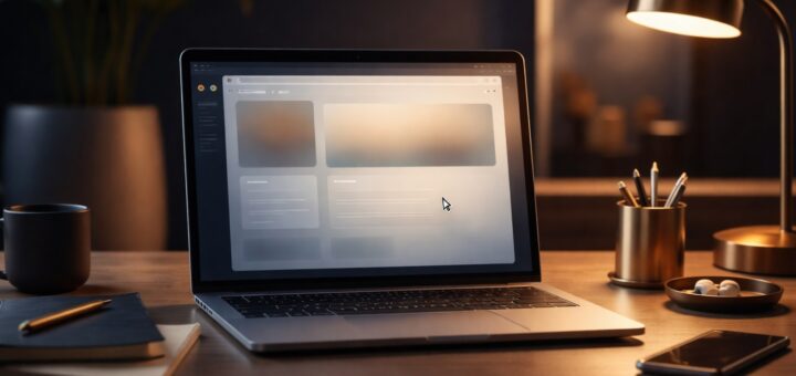 A laptop screen showing an abstract browser interface with a cursor mid-click