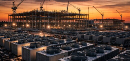 A data center construction site at dusk with cranes and cooling infrastructure taking shape