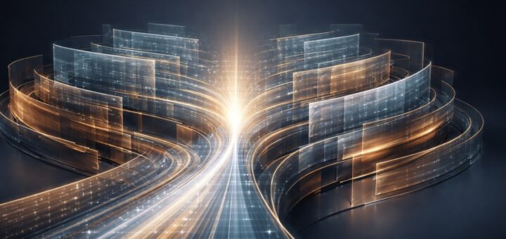 A translucent layered architectural structure representing organized information flowing into a focal point