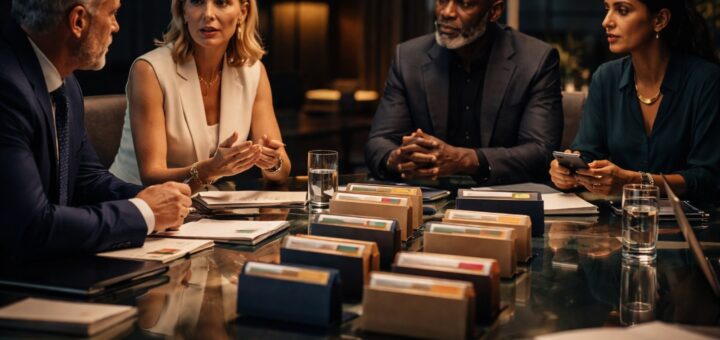 Finance and technology leaders around a table with small labeled budget folders